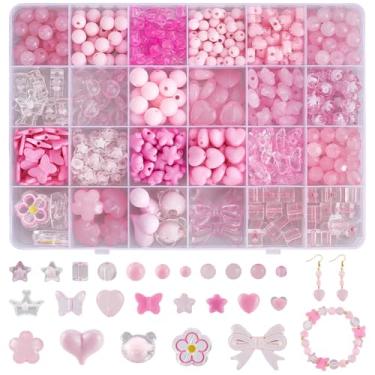 Imagem de SOFPLATE 1 caixa 578 peças de miçangas sortidas rosa kits de contas fofas borboleta coração flor estrelas urso kawaii contas estéticas a granel para fabricação de joias, faça você mesmo, pulseira,