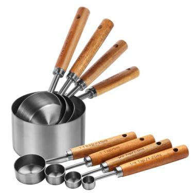 Imagem de Conjunto de copos e colheres de medição, conjunto de copos medidores com cabo de madeira e medidas métricas e americanas, acabamento polido prateado, para cozinhar e assar na cozinha (8 peças)