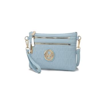 Imagem de MKF Bolsa tiracolo feminina, alça de pulso – Bolsa de ombro de couro PU – Bolsa carteiro pequena preta, Roonie azul claro, Small