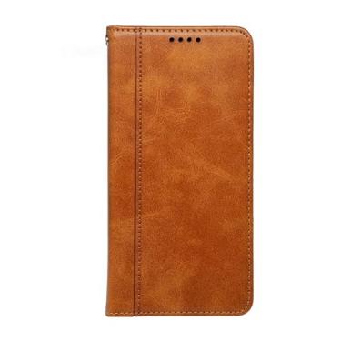 Imagem de LYJSMGZ Capa carteira para iPhone 16E, capa de couro com aba de costura delicada, fecho magnético, envoltório completo, meias antiqueda, laranja, 16E