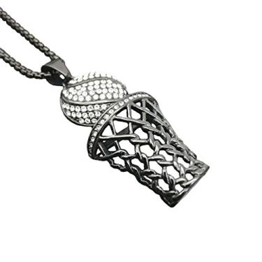 Imagem de SINLEO Colar masculino Hiphop Iced Out Diamante Mini com pingente de aro de basquete Corrente de aço inoxidável