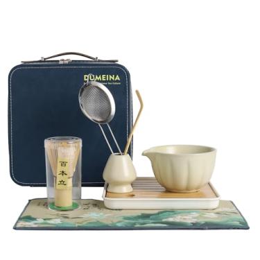 Imagem de DUMEINA Conjunto de 8 peças de batedor Matcha, kit Matcha para cerimônia, tigela Matcha com bico, batedor e suporte Matcha, colher de bambu, bolsa de armazenamento de couro e peneira de aço