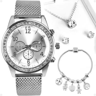 Imagem de Relogio Feminino Aço Strass + Pandora + Bracelete + Brincos