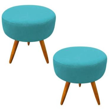 Imagem de Kit 02 Puff Banqueta Berlim Redondo Suede Azul Turquesa Pés Castanho -