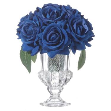 Imagem de WishTip Rosas de veludo em vaso de cristal, flores artificiais com vaso, arranjos de flores de seda para casa, casamento e escritório, decoração de mesa, peça central, azul marinho