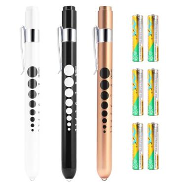 Imagem de Pen Light para enfermeiros, pacote com 3 canetas médicas com medidor de pupila para estudantes de enfermagem médica, com verniz artesanal, liga de alumínio, luz branca, 6 pilhas AAA poderosas
