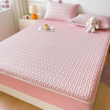 Imagem de Protetor de colchão à prova d 'água, adequado para a pele, ajuste fácil, almofada macia, protege com tiras elásticas, cor sólida, lavável, capa de cama, protetor de colchão respirável - rosa | Queen