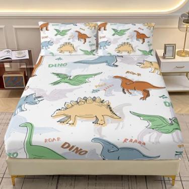 Imagem de AILONEN Jogo de cama infantil solteiro de dinossauro, tamanho GG, lençol com elástico de dinossauro fofo com 2 fronhas, azul e verde, 3 peças para meninos e meninas