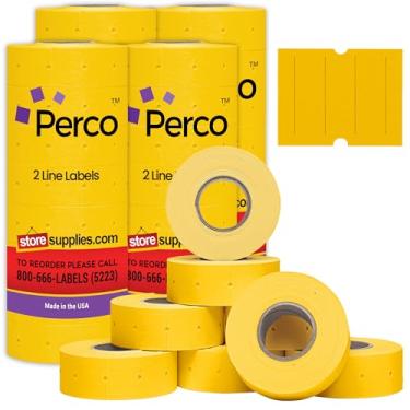 Imagem de Perco Etiquetas amarelas de 2 linhas – 4 mangas, 24.000 etiquetas de preço em branco para Perco 2 linhas de preço e armas de data