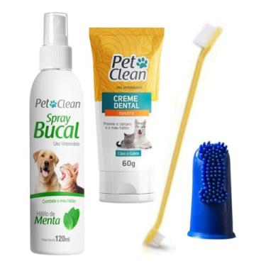Imagem de Pet Clean Kit Higiene Bucal, Spray Menta 120ml, Creme Dental Neutro 60g, Escova Dupla e Dedeira para Cães e Gatos