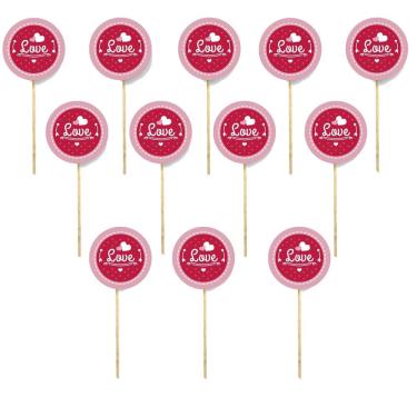 Imagem de Kit 12 Picks Decorativos Arranjo de Flores Madeira Love Rosa