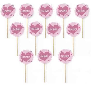 Imagem de Kit 12 Picks Decorativos Arranjo de Flores Madeira Com Amor