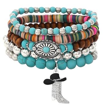 Imagem de WCRAZYE Pulseiras femininas Western Cowgirl feitas à mão turquesa cabeça de boi botas de vaca com contas empilháveis pulseiras elásticas joias boêmias presentes, Medium, Vidro Vidro Turquesa Cordão