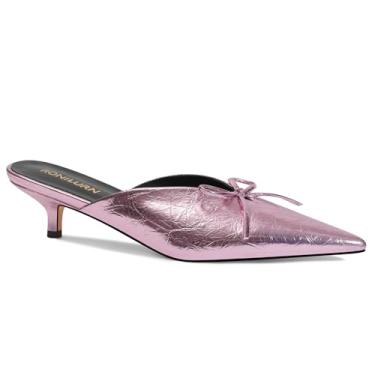 Imagem de RONILURN Salto gatinho feminino salto alto mules stiletto bico fechado bico fino salto baixo moderno metálico frente única festa de formatura elegante, rosa, 39