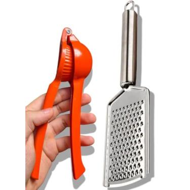 Imagem de KIT espremedor extrator manual de limão 20 cm de inox e ralador raspador de casca de limão e queijo inox 24 cm, para fazer limonadas, receitas de bolo (laranjado)