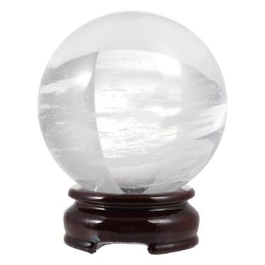 Imagem de Bola de calcita natural, bola de cristal de quartzo de 9 cm com suporte de madeira, esfera decorativa de fluorita natural, bola de pedra preciosa artesanal exclusiva para decoração de casa (cristal)