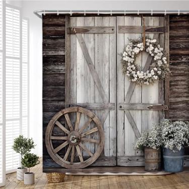Imagem de PZMPZM Cortina de chuveiro rústica para porta de celeiro Western Farmhouse Cabin tábua de madeira country floral flor vintage antigo banheiro cortinas de tecido de poliéster com ganchos 180x170 cm A