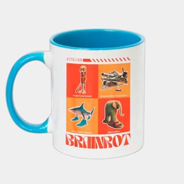 Imagem de Caneca Branca com Alça e Interna Azul de Porcelana 325ml - Top 4 Italian Brainrot Meme Humor