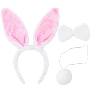 Imagem de Conjunto de 3 peças de acessórios de fantasia de orelhas de coelho e cauda – Inclui faixa de cabeça de orelhas de coelho brancas e rosa, gravata borboleta e cauda para Páscoa, Halloween, festas à