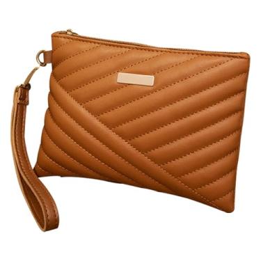 Imagem de WJXFHTD Bolsa de pulso acolchoada, bolsa de mão pequena bordada bolsa de telefone carteira de couro PU bolsa de pulso clutch pequena, Marrom