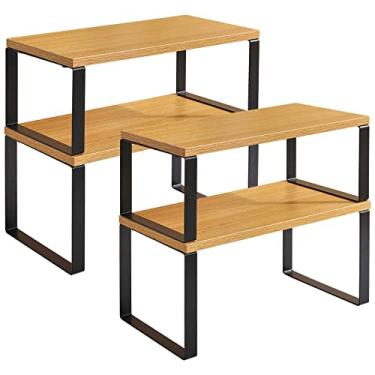 Imagem de YMYNY Organizador de prateleira de armário, conjunto de 4 prateleiras de balcão de cozinha, empilháveis, madeira, organizador de armário para pratos, temperos, cosméticos, latas, canecas de café,