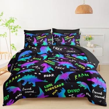 Imagem de QOOMO Conjunto de edredom de desenho animado de dinossauro, cor deslumbrante, 7 peças, tamanho Queen com 1 edredom, 2 fronhas, 2 fronhas pretas, 1 lençol com elástico, 1 lençol de cima