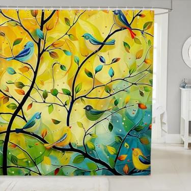 Imagem de Conjunto de cortina de chuveiro árvore da vida, estilo boêmio, pássaro, cortina de banho infantil, pintura a óleo, cortina de chuveiro estética, amarela, azul-petróleo, impermeável, 183 cm x 183 cm