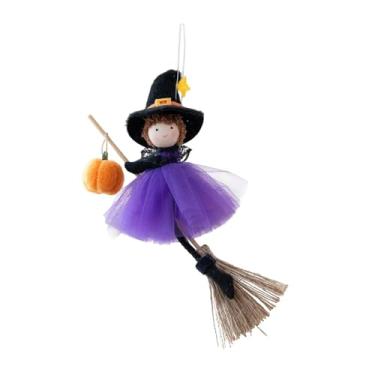 Imagem de Vaveren Enfeite de bruxa para pendurar em Halloween, decoração para casa, feriado, boneca de bruxa fofa, decoração de, vassoura para janela, jardim, Roxo