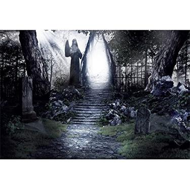 Imagem de DORCEV 2,4 x 1,8 m Gótico Halloween pano de fundo de construção pobre noite floresta lua fantasma cemitério sombrio cemitério fotografia fundo para adultos crianças terror, festa de Halloween, papel