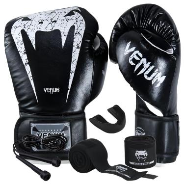 Imagem de Kit Luva de Boxe Muay Thai Venum Giant Brasil Preto com Bandagem 4m Protetor Bucal e Corda-Unissex