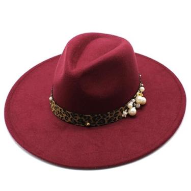 Imagem de 9,5 Cm Big Brim Jazz Chapéu Outono E Inverno Chapéu De Lã Pêssego Top Leopardo Padrão Chapéu De Feltro, Claret, 6 7/8-7 1/8
