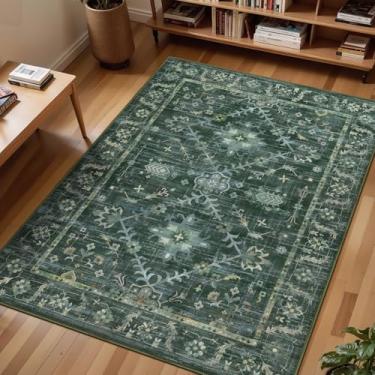 Imagem de Ileading Tapetes laváveis 12 x 18 cm, vintage boho para sala de estar, quarto, antiderrapante, envelhecido, tapete de piso interno, tapete baixo para mesa de jantar, lavanderia, quarto de bebê, verde
