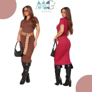 Imagem de Kit 2 Peças Sortido Vestido Midi Feminino Gola Polo Canelado Plus Size