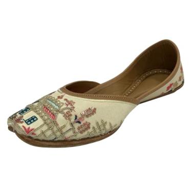 Imagem de Gold Zari Punjabi Jutti Tênis feminino macio liso étnico feito à mão Juti tradicional Jooti casamento indiano, Creme, 40