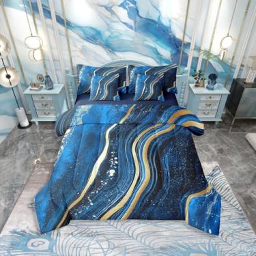 Imagem de Conjunto de cama king size de mármore azul oceano e dourado para meninos, pedra mármore, 7 peças, estampa de glitter dourado, conjunto de edredom com lençol para crianças, meninas e adultos, conjunto