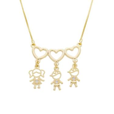 Imagem de Colar Com Pingente de Filhos 2 Meninos e 1 Menina Canga Coração 3 Bonequinhos Banhado A Ouro 18k Semi Jóia