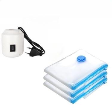 Imagem de Kit Saco a Vácuo + Bomba Automática Elétrica Organizador Rápido Armazenar Guardar(3 Sacos + Bomba Elétrica 220V)