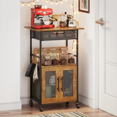 Imagem de Armário de café, carrinho de bar com gaveta de cesta de arame e 3 ganchos para cozinha doméstica