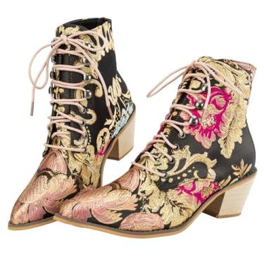 Imagem de Gets Botas femininas vintage floral bordado salto bloco botas de cano alto, Dourado, 36