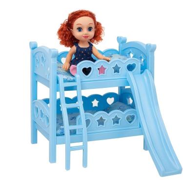 Imagem de Beliche Cama De Boneca Dupla Com Escorregador Berco Infantil Para Brincadeiras Casinha Brinquedo Azul