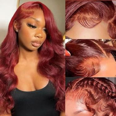 Imagem de Perucas de cabelo humano castanho avermelhado com renda frontal 33 x 15 ondas corporais para mulheres 250% densidade cabelo humano virgem brasileiro perucas sem cola pré-arrancadas com cabelo de bebê