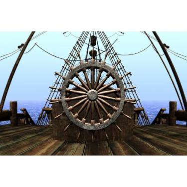 Imagem de Pano de fundo de barco à vela oceano azul volante de madeira para fotografia de fundo vintage navio pirata cenário de convés de navio de madeira neblina oceano pirata tema cabine de fotos adereços 2,1