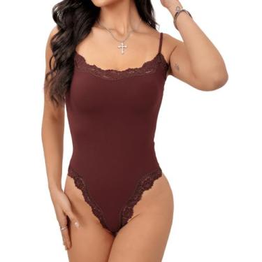 Imagem de Bodysuit Starrylion Brown, renda, decote quadrado, sem mangas, feminin
