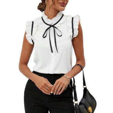 Imagem de Blusa feminina BEAUDRM elegante com laço frontal com babados, branca