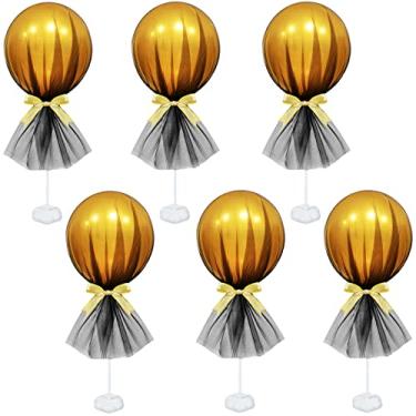 Imagem de Elecrainbow Conjunto de 6 peças centrais de balão de tule tutu preto e metálico dourado para decorações de mesa de chá de bebê, aniversário, casamento, chá de noiva, retorno de boas-vindas, festa, 44 unidades