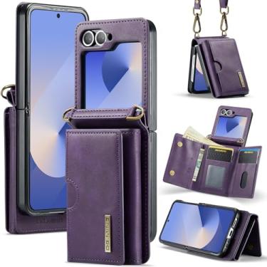 Imagem de Capa carteira para Samsung Galaxy Z Flip6, não removível, couro durável + TPU, 6 compartimentos para cartão, escova antirroubo, cordão removível, suporte embutido, capa de telefone à prova de choque