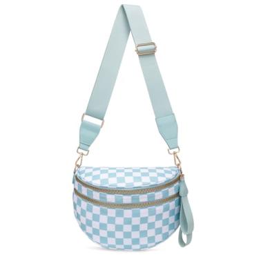 Imagem de ONLYSIEM Bolsas transversais quadriculadas para mulheres, grande bolsa de nylon quadriculada pochete moderna com alça ajustável, Xadrez azul claro