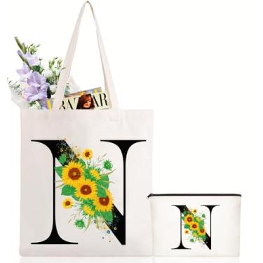 Imagem de Andeiltech Sacola de lona inicial com letra de girassol bolsa de maquiagem personalizada presente com monograma para damas de honra aniversário casamento, Girassol, letra N, One Size