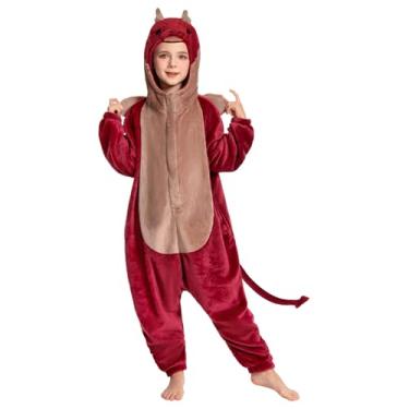 Imagem de OLAOLA Macacão infantil dragão vermelho, macacão de animal unissex, pijama de cosplay de pelúcia para meninas e meninos, roupa de dormir de uma peça fantasia de Halloween