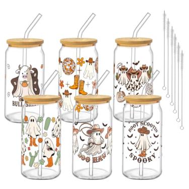 Imagem de Culudea 6 peças de copos de bebida de Halloween com tampas e canudos, caubói ocidental fantasma abóbora bota cacto bola discoteca conjunto de copos de cerveja em forma de lata para mulheres